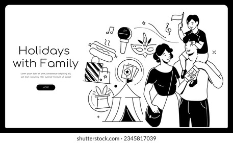 Holidays with family - modern line design style banner with copy space for text. Composition with mom, dad and child going to the circus or to the fair. Entertainment and carnival idea