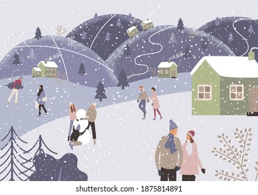 Holidays with the family outdoors. People walk in the fresh air on a winter vacation, skate, mold snigovika. Nice illustration for New Year and Christmas. Vector illustration