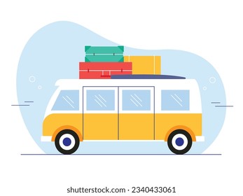 Holidays with family, road trips by car with full luggage, tour and picnic together in the summer on the beach. Character design. Vector flat illustration