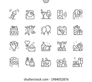 Holidays. Firework, celebrate, drinks, party and event. Calendar. Birthday, easter, halloween, christmas, wedding and other. Pixel Perfect Vector Thin Line Icons. Simple Minimal Pictogram