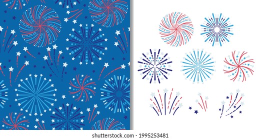 Holidays fireworks set with seamless pattern and festival decoration elements, vector design. Design concept for birthday party, festival decoration, gift card. 4th of July Party backdrop