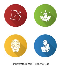 Holidays flat design long shadow glyph icons set. St. Valentine's Day, Christmas, Dia de los Muertos, Mother's Day. Vector silhouette illustration