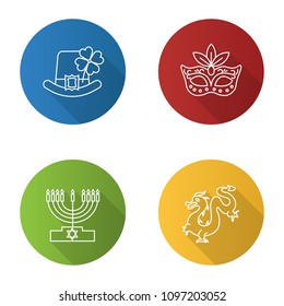 Holidays flat linear long shadow icons set. St. Patrick's Day, Mardi Gras, Hanukkah, Chinese New Year. Vector outline illustration