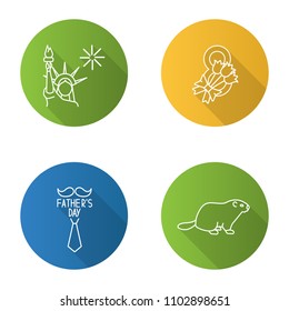 Holidays flat linear long shadow icons set. July 4th, Father's and Groundhog Days, March 8th. Vector outline illustration