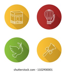 Holidays flat linear long shadow icons set. Knowledge Day, Hajj, Festival of Balloons, Earth Day. Vector outline illustration