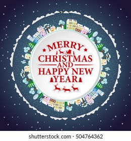 Holidays frame with winter houses and trees. Merry Christmas and Happy New Year lettering Vector flat illustration