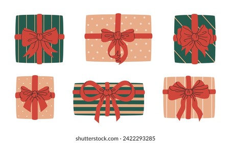 Holidays gift boxes. Birthday or Christmas presents boxes with silk bows, wrapped gift boxes flat vector illustration set. Hand drawn present box collection