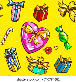 Holidays gift boxes seamless pattern on yellow background vector