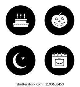 Holidays glyph icons set. Birthday, Labour Day, Ramadan, Halloween. Vector white silhouettes illustrations in black circles