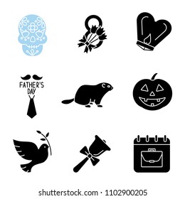 Holidays glyph icons set. Dia de los Muertos, March 8th, Lantern Festival, Father's, Groundhog, Labour, Knowledge, Earth Days, Halloween. Silhouette symbols. Vector isolated illustration