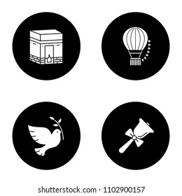 Holidays glyph icons set. Knowledge Day, Hajj, Festival of Balloons, Earth Day. Vector white silhouettes illustrations in black circles