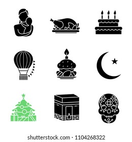 Holidays glyph icons set. Mother's Day, New Year, Birthday, Festival of Balloons, Easter, Ramadan, Hajj, Dia de los Muertos, Thanksgiving Day. Silhouette symbols. Vector isolated illustration