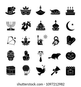 Holidays glyph icons set. Seasonal holidays of different countries. Greeting card ideas. Silhouette symbols. Vector isolated illustration