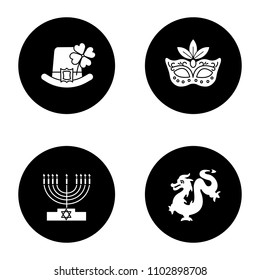 Holidays glyph icons set. St. Patrick's Day, Mardi Gras, Hanukkah, Chinese New Year. Vector white silhouettes illustrations in black circles
