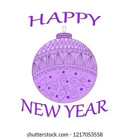 Holidays greeting card with abstract doodle Christmas ball. Happy New Year. Season's Decoration element. Flat design. Vintage Festive Label. Vector Illustration. EPS.
