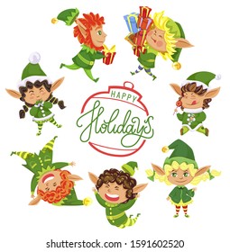 Holidays greeting card with calligraphic inscription and small elves children. Kids wearing green costumes smiling and having fun. Child carrying presents. Bauble with lettering in centerpiece vector