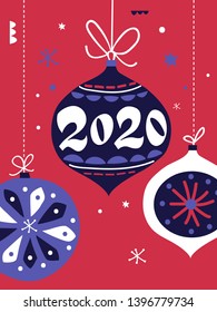 Holidays greeting card with Christmas Balls. Hand drawn christmas illustration with 2020 lettering