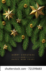 Holidays Greeting Card with Christmas Tree Branches  Decorated with Gold Bubbles and Stars.