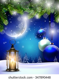 Holidays greeting card with fir branches, moon, balls and lantern. Winter landscape.