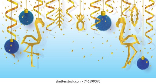 Holidays greeting card with flamingo. Gold 3d silhouettes Flamingo, pineapple, palm branch, tropical plant leaves and furry balls on blue background. Christmas and New Year vector illustration.