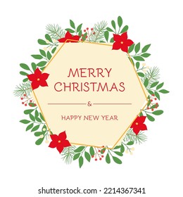 Holidays greeting card with floral Christmas ornament. Winter twigs and poinsettia flowers. Vector illustration