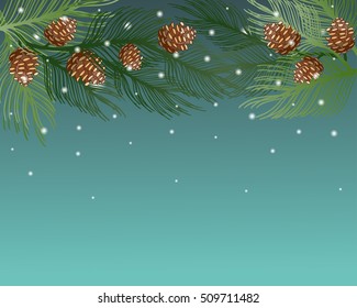 Holidays greeting card with tree, snowflakes background. Celebration set. Illustration for winter feast. poster on blurred textured background. Postcard motive