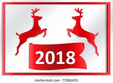 Holidays greeting card with two red  deer and 2018 flag cut on white background . Paper style vector illustration. 