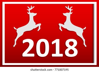 Holidays greeting card with two white  deers and 2018 cut on red background. Paper style vector illustration. 
