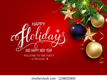 Holidays Greeting Card for Winter Happy Holidays. Fir-tree Branches frame with Stars, 3d Balls on background.Vector Lettering calligraphy for greeting card, poster, invitation