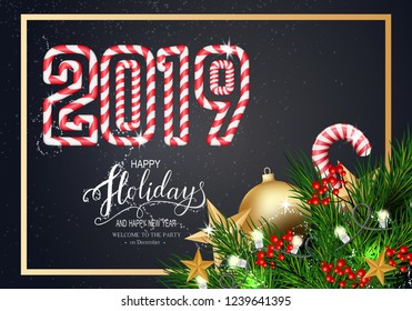 Holidays Greeting Card for Winter Happy Holidays. Fir-tree Branches frame with Stars, 3d Balls on background.Vector Lettering calligraphy for greeting card, poster, invitation