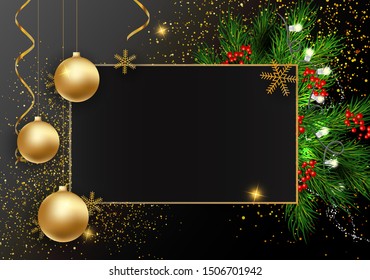 Holidays Greeting Card for Winter Happy Holidays. Fir-tree Branches frame with Lettering. 3d Balls, Lettering calligraphy for greeting card, poster, invitation