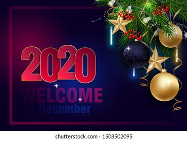 Holidays Greeting Card for Winter Happy Holidays. Fir-tree Branches frame with Lettering. 3d Balls, Lettering calligraphy for greeting card, poster, invitation