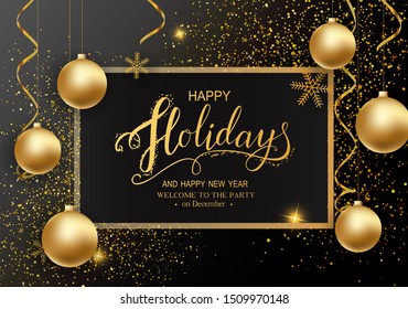 Holidays Greeting Card for Winter Happy Holidays. with Lettering. 3d Balls, Lettering calligraphy for greeting card, poster, invitation
