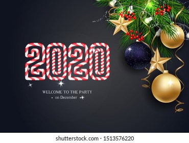Holidays Greeting Card for Winter Happy Holidays. Fir-tree Branches frame with Lettering. 3d Balls, Lettering calligraphy for greeting card, poster, invitation