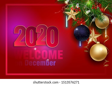 Holidays Greeting Card for Winter Happy Holidays. Fir-tree Branches frame with Lettering. 3d Balls, Lettering calligraphy for greeting card, poster, invitation