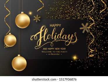 Holidays Greeting Card for Winter Happy Holidays. with Lettering. 3d Balls, Lettering calligraphy 