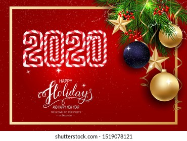 Holidays Greeting Card for Winter Happy Holidays. Fir-tree Branches frame with Lettering. 3d Balls, Lettering calligraphy for greeting card, poster, invitation