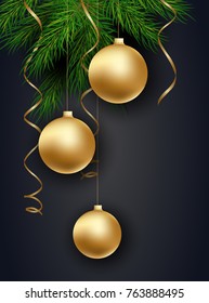 Holidays Greeting Card for Winter Happy Holidays. Fir-tree Branches frame with Lettering. 3d Balls, for greeting card, poster, invitation