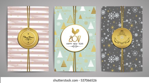 Holidays greeting cards. Golden ornaments and typographic elements, labels, frames. Design elements merry christmas and happy holidays wishes typographic. Vector illustration.