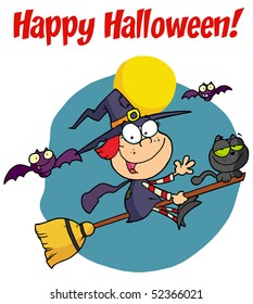 Holidays Greeting With Happy Halloween Witch And Cat