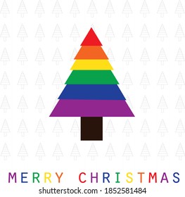 Holidays greeting. Rainbow Christmas tree vector with merry Christmas text. LGBTQ celebration background.