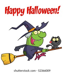 Holidays Greeting With Wicked Halloween Witch And Cat Flying On A Broom Stick