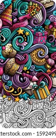 Holidays hand drawn doodle banner. Cartoon detailed flyer. Birthday identity with objects and symbols. Color vector design elements background