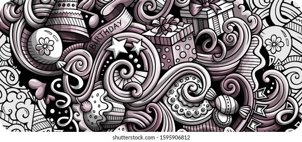 Holidays hand drawn doodle banner. Cartoon detailed flyer. Birthday identity with objects and symbols. Monochrome vector design elements background