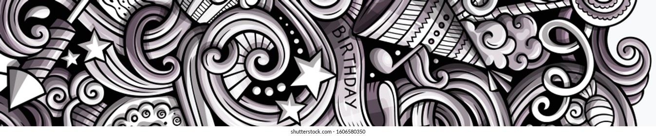 Holidays hand drawn doodle banner. Cartoon detailed flyer. Birthday identity with objects and symbols. Monochrome vector design elements background