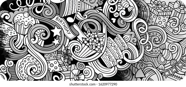 Holidays hand drawn doodle banner. Cartoon detailed flyer. Birthday identity with objects and symbols. Monochrome vector design elements background