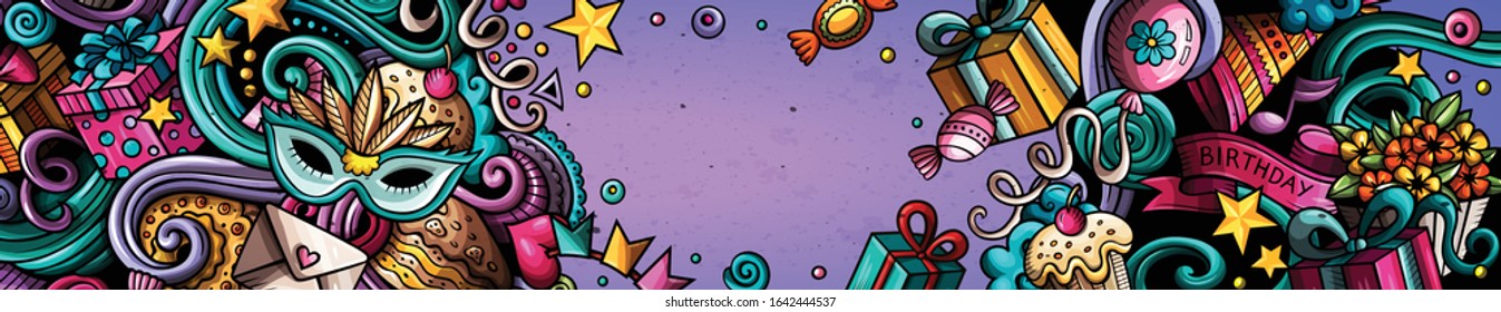 Holidays hand drawn doodle banner. Cartoon detailed flyer. Birthday identity with objects and symbols. Color vector design elements background
