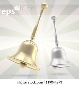 Holidays handbells, pair of two eps10 vector bells, shiny and glossy, silver and golden