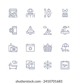 Holidays icon set. Thin line icon. Editable stroke. Containing stall, canoe, picnic table, hawaiian, towel, camping, surf, beach, baggage, picnic, summer, sunbed, bath, firework, photo, holidays.