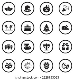 Holidays Icons. Black Flat Design In Circle. Vector Illustration.